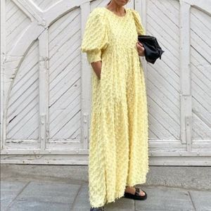 Zara Yellow Textured Puff Eyelet Maxi Dress Large